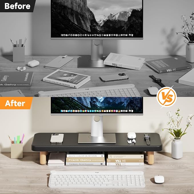 Monitor Stand Riser, 24 Inch Wood Desk Organizer with Monitor Stand & Storage Computer Monitor and Laptop Riser Multifunctional Laptop Stand Desk Organizer for Office Home Screen/Laptop/PC (Black)