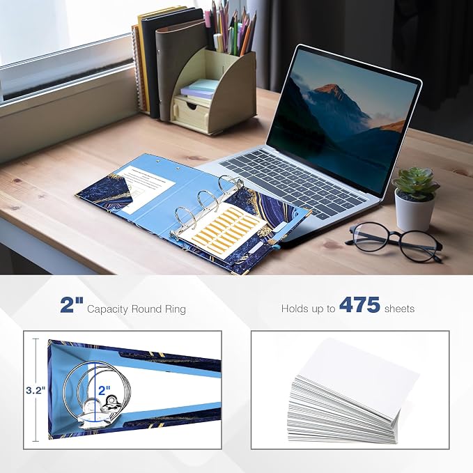 Ospelelf Mini 3-Ring Binder, 2-Inch, Cute for 5.5" x 8.5" with 5 Tab Dividers, File Folder Labels and Low Profile Clipboards, Blue Marble for School and Office