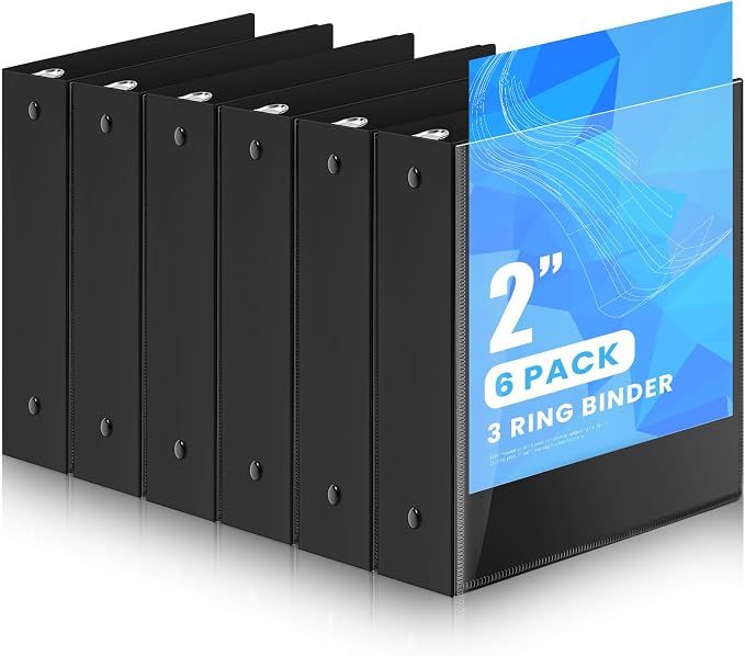 Henoyso 2 Inch 6 Pack Mini Clear View 3 Ring Binders for 5.5"x8.5",Black | Holds 490 Sheets, Clear Front Covers, Flexible Plastic Binder Bulk, Three Round Rings, School Office Report Filing, Planners