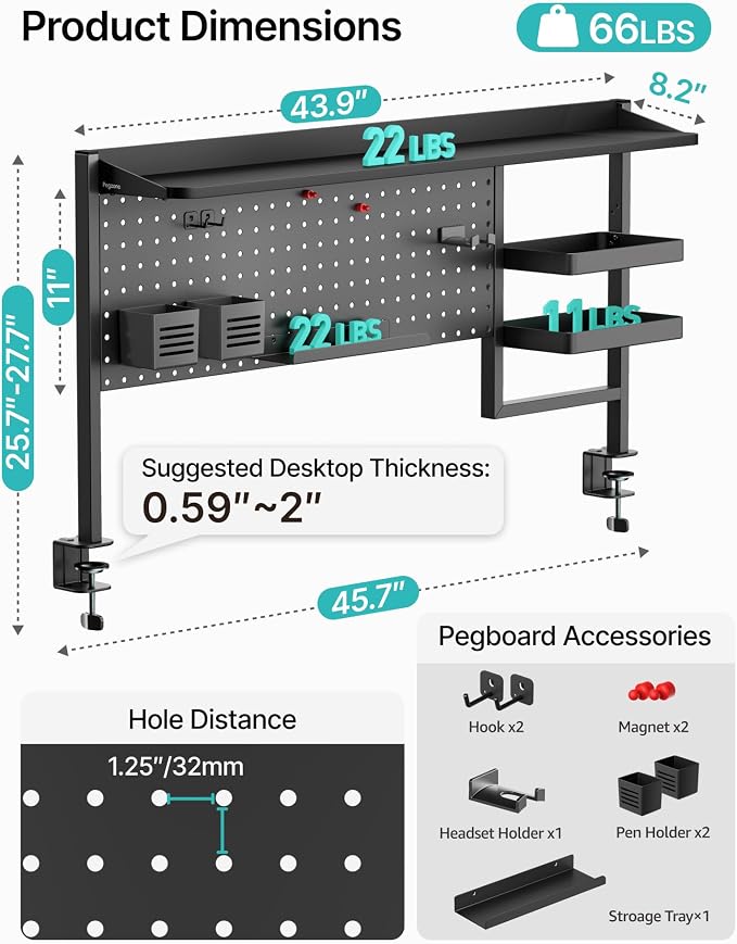 Clamp on Desk Shelf, 44" Desktop Shelving System, Black | with Pegboard and Accessories, Desktop Organizer with 2-Tier Shelf, Desk Pegboard for Office Home Gaming