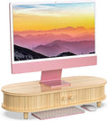 Bamboo Monitor Stand with Storage, 25 Inch Desk Shelf Riser | Curved Computer Laptop Stand Desk Shelf Organizer with Sliding Doors for 47-55 Inch Desk