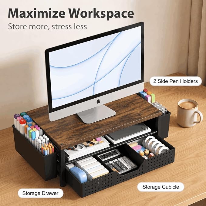 ECOLOVI Desk Organizer and Accessories, 2-Tier Computer Monitor Stand Rise with Storage Drawer & 2 Pen Holders, Laptop & Printer Stand for Desktop, Workspace Organizers for Office Supplies (Brown)