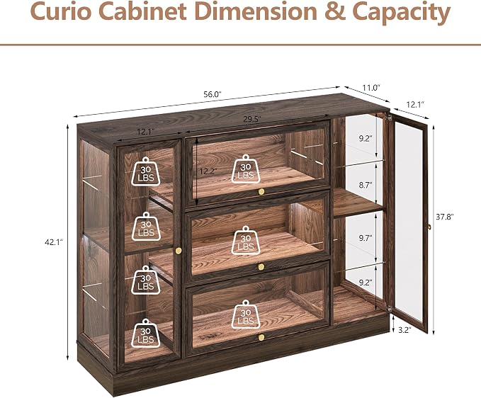 Display Cabinet with Acrylic Glass Doors,Extra Wide Curio Cabinet with LED Lighting for Collectibles, Collectibles Toy Organizers Rack & Display Shelf Display Case, Walnut