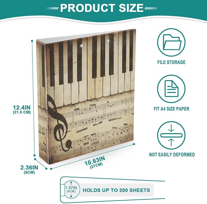 ALAZA 3 Ring Binder Piano-Music Notes Clipboard Round Ring Binder Holds 1.5 Inch Three Rings Binder Heavy Duty Binders for School Office Supplies, 1Pack