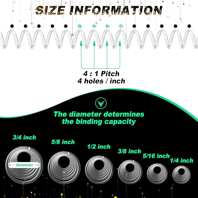 Leinuosen 120 Pack Binder Coils,1/4 5/16 3/8 1/2 5/8 3/4 Inch,Transparent | Plastic Spiral Binding Coils for Documents, Reports, Notebooks, Compatible with Standard Binding Machines, Office Supplies