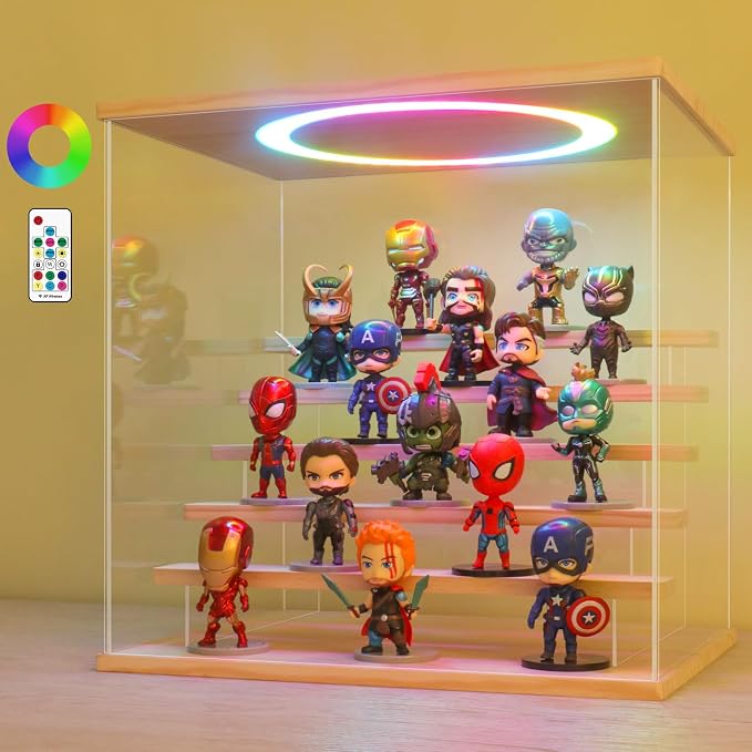 LANSCOERY Acrylic Display Case with RGBW Lights, 6 Tier Large Wood Finish | LANSCOERY Acrylic Display Case with RGBW Lights, 6 Tier Large Wood Finish