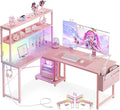 AODK L Shaped Desk Gaming Desk with LED Light & Power Outlet | 53 Inch Pink Reversible L Shaped Computer Table with Shelf & Storage Bag & Hook for Home Office
