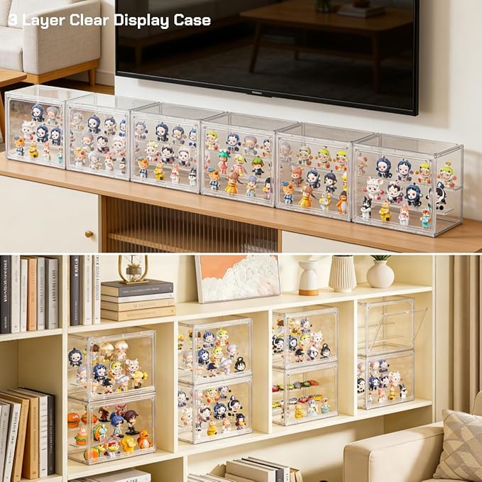 Acrylic Display Case for Collectibles 3 Tier,Small Clear Display Box 2pack | 2 Movable Dividers，Clear Showcase for Mini Figures，Easy Assembly, Magnetic Door, Stackable Design, Dustproof Durable Material