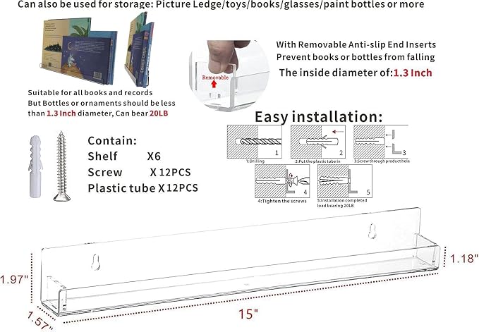 Cq acrylic Invisible Clear Floating Bookshelf - 15" Hanging Wall Mounted Display Shelf for Kids Room, Modern U Shaped Ledge for Books,Picture,Toys, Vinyl Records Wall Display Shelf,Pack of 6