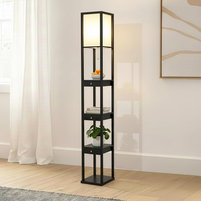 Brightech Maxwell Drawer Edition - Modern Shelf Floor Lamp with Drawer - Corner Display Floor Lamps with Shelves for Living Room, Bedroom and Office - Black