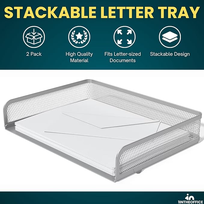1InTheOffice Desk Tray, Letter Tray, Stackable, Side Load, Silver Mesh, 2 Pack