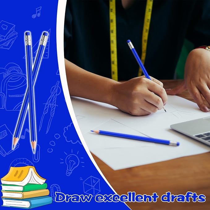 24PCS Erasable Colored Pencils with Eraser Pre Sharpened Pencil 2 HB - Ideal for Checking, Grading, Tests & Office/School Supplies (Blue)