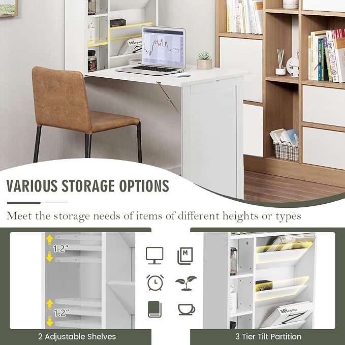 Nightcore Wall Mounted Table w/Classified Storage Space, Foldable Multiple-Purpose Desk, Sturdy Wood Structure, Floating Convertible Desk/Cabinet for Apartment, Narrow Place and Limited Room (White)