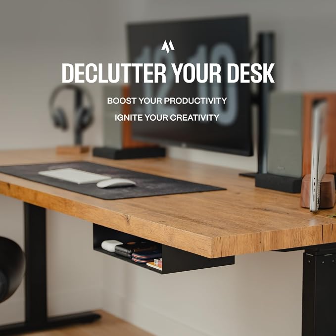 COREMINDED Under Desk Storage Shelf - Carbon Steel Under Desk Tray with Cable Management, Mountable Add-On Shelf for Table & Office Desks (13" x 8" x 2.8")