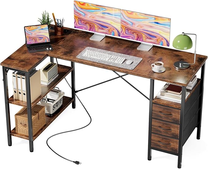 DUMOS L Shaped Desk with Drawers, Gaming Desk, 55 Inch | Power Outlet, Study Table, Adjustable Shelves, Home Office, Corner Computer Workstation, Bedroom, Rustic