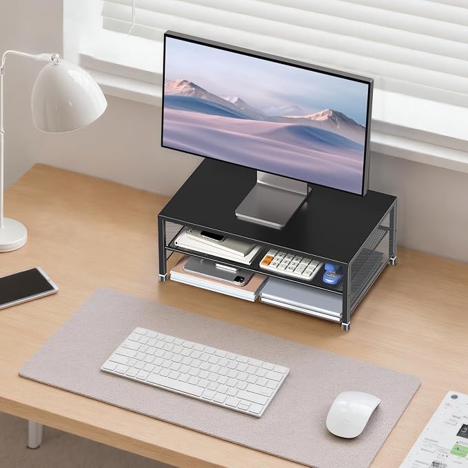 ECOLOVI 2-Tier Computer Monitor Stand Riser, Printer & Laptop Stand, Office Desk Accessories, Workspace Desk Organizer for Home Office Supplies, Black 2-Pack