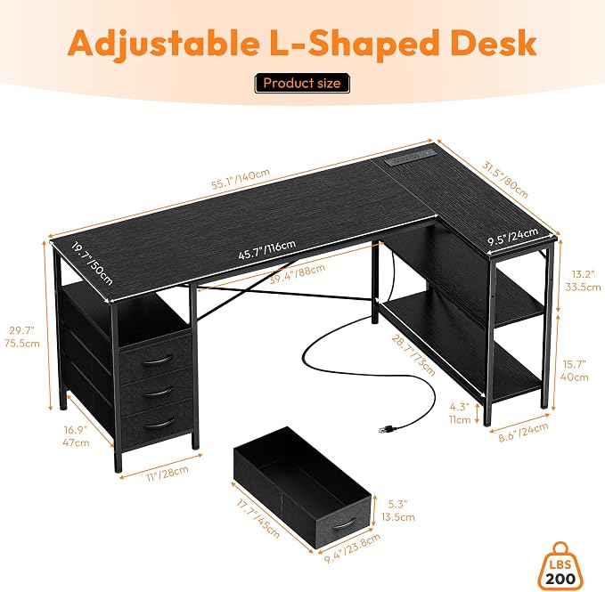 Alpen Computer Desk with Drawers, L Shaped Desk for Bedroom with Power Outlets, Gaming Table with Storage Shelves, Corner Desk for Gaming, Study Writing PC Table, 55 Inch, Black