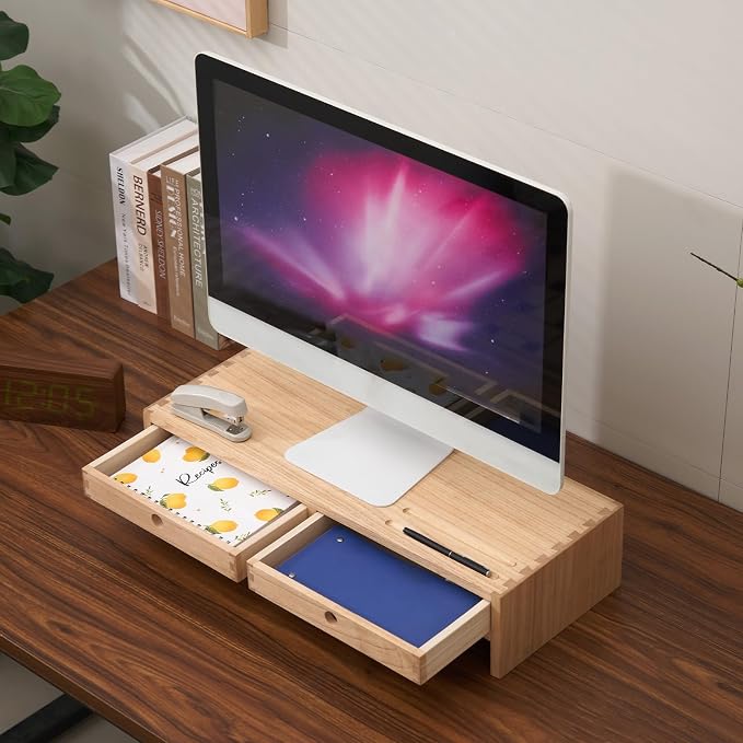 KIRIGEN Solid Wood Monitor Stand with 2 Drawers, Desk Riser, Natural PMJ-NA | Desktop Organizer with Cable Opening and Pen Slots Stores Office Supplies, Supports Up To 50 Lb and Arrives Fully Assembled.