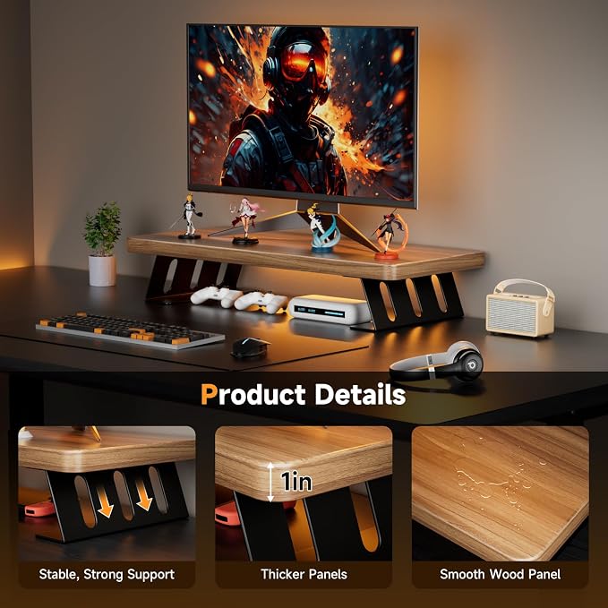 Monitor Stand - 24 Inch Wood Monitor Stand Riser, 220 Pounds Load Capacity Desk Monitor Riser for Laptop/PC/Printer, Desktop Stands Organizer for Home Office