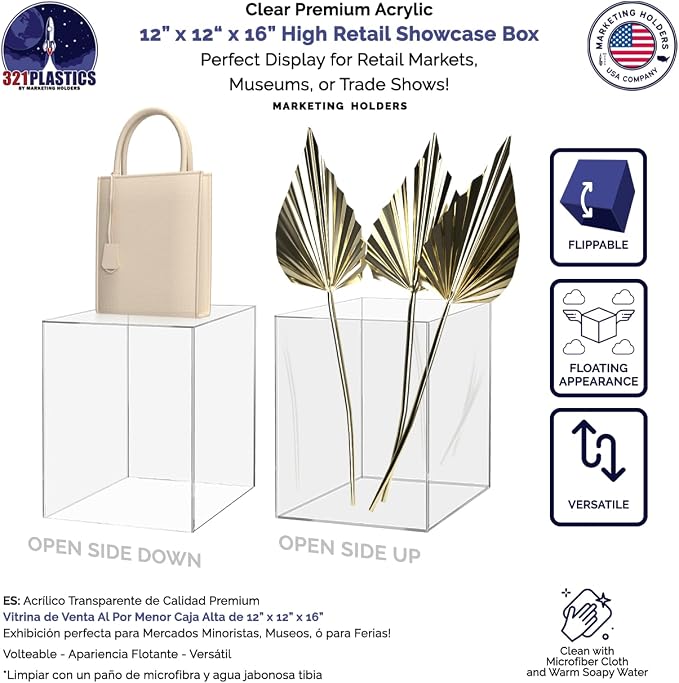 Acrylic Display Riser Box 12" x 12" x 16" Clear Throne with One Open Side No Lid Versatile Rectangular Lucite Retail Product Riser or Merchandise Storage Bin by Marketing Holders