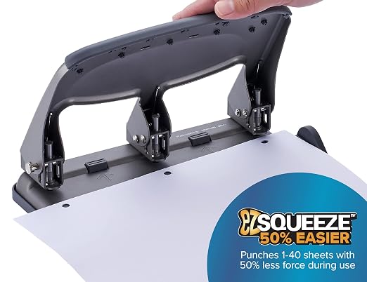 Bostitch Office EZ Squeeze Heavy Duty 3-Hole Punch for Home Office & School, 40-Sheet Capacity, One-Touch Reduced Force, Sleek Gray Design
