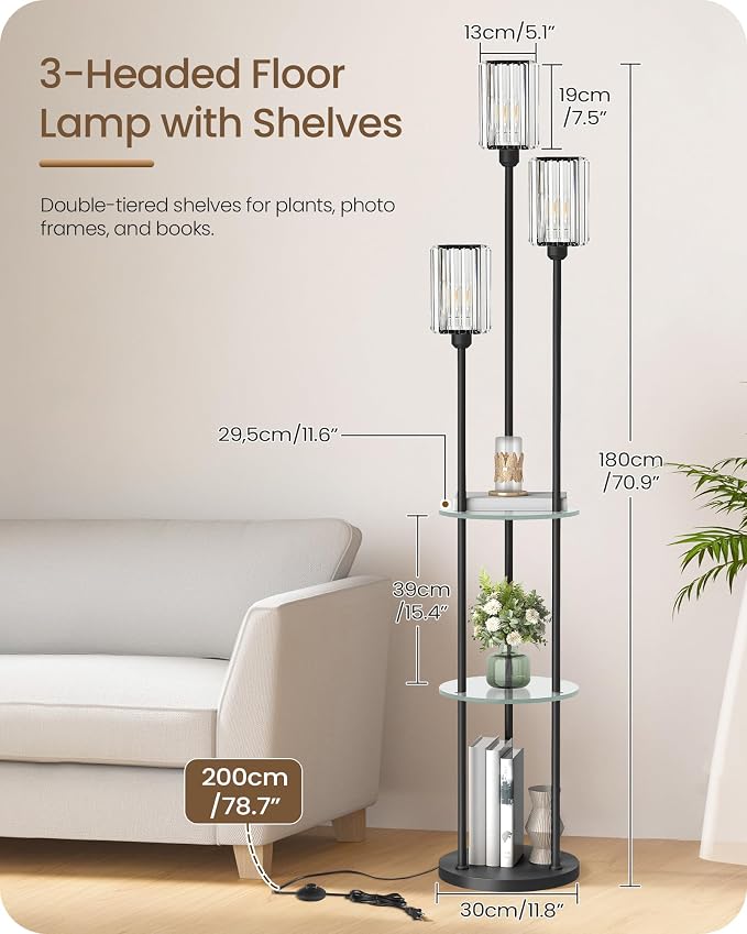Black Floor Lamp with Shelves, Modern Floor Lamp with 3 Crystal Shades and Foot Switch, 3-Light Standing Lamp, for Living Room, Bedroom, Study, Office, Black B53LD05