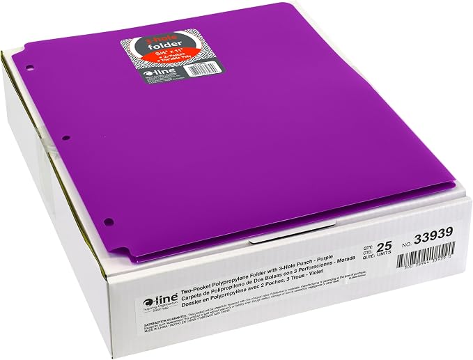 C-Line Two-Pocket Heavyweight Poly Portfolio Folder with Three-Hole Punch, Box of 25, Purple (33939-25)