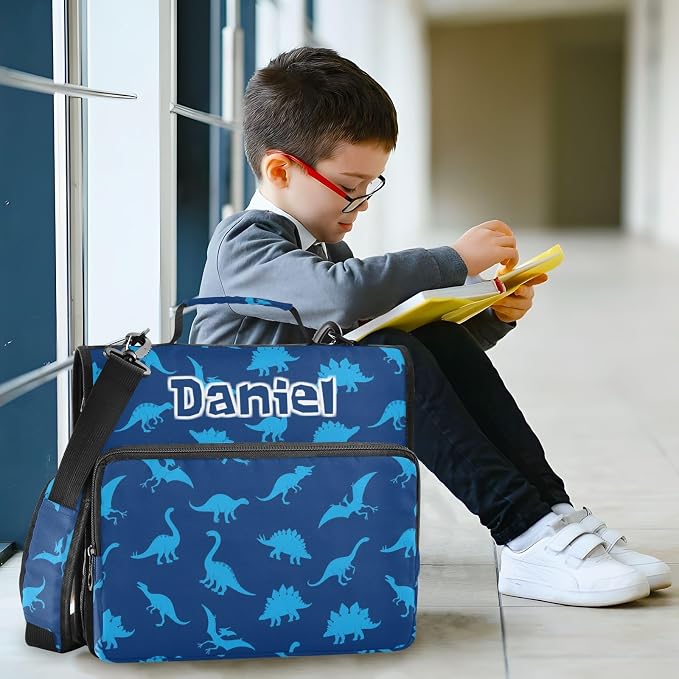 Custom Dinosaurs Dark Blue Pattern 3 Ring Zipper Binder with Shoulder Strap & Handle 1.5 Inch D-Ring Zippered Bag with Multiple Pocket, Personalized Binder Organizer for School or Office