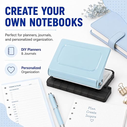 10 Hole Punch Binding Machine Kit for Planner (Blue) with 10 Multi-Color Spiral Coils, Adjustable A4 A5 B5 Paper Puncher, DIY Notebook Scrapbook Maker for Home Office School Organization