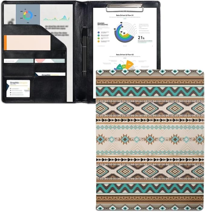 Dreaweet Southwestern Indian Tribal Pattern Leather Portfolio for Men Business Organizer,Padfolio Folder with Clipboard,Portfolio Binder for Document Organizer,Office Supplies or Business Traveling