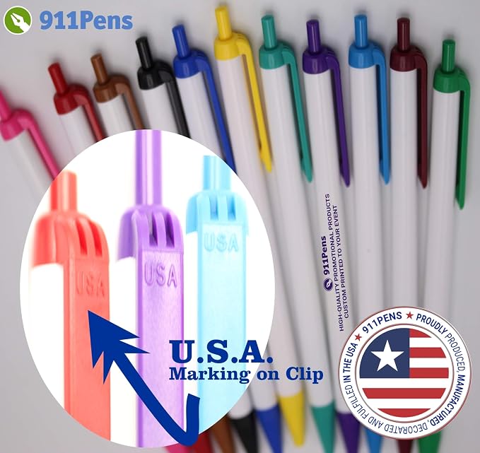911PENS USA Made, Personalized Writing Ink Ballpoint Novelty Pens, Custom Printed with Your Logo & Text (Pack of 100 White Pens with Medium Blue Trim)