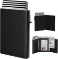 typecase Mens Wallet Card Holder: Pop Up Aluminum Case, Genuine Leather, Smart, RFID Blocking, Slim, Minimalist, Front Pocket - 9-14 Card Capacity | ID Window | Cash Slot (Deep Black)