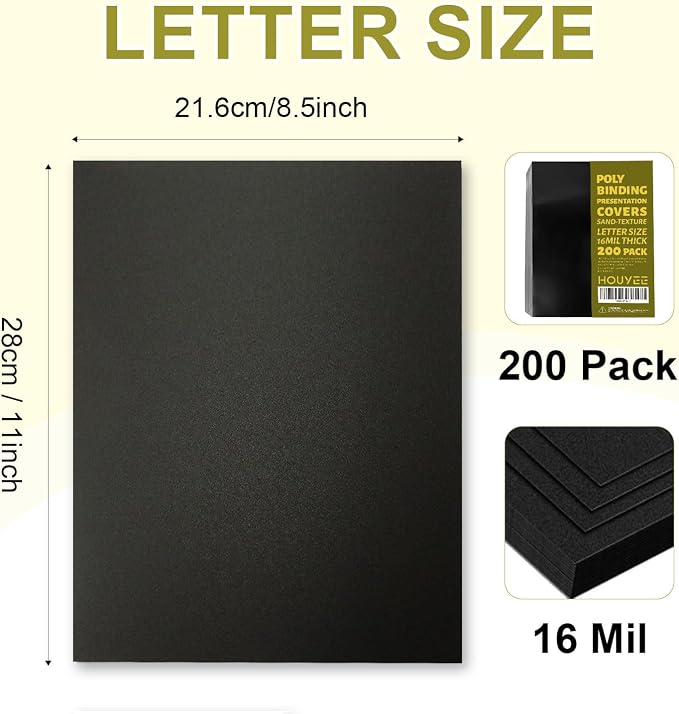 HOUYEE 200 Pack 16mil Binding Presentation Covers, Sand Texture, Black | Plastic Back Binding Polycovers, 8.5x11 Inch Letter Size, Square Corners,Un-Punched, Office & School Supplies