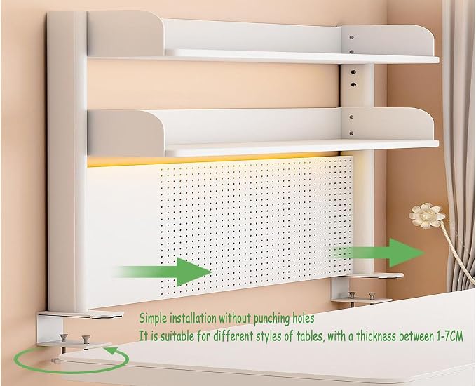 31.5 Inch Clip-on Desktop Organizer Bookshelf with Pegboard, Desk Shelf Organizer, Multipurpose Computer Desk Desktop Bookshelf, Desk Extender Pegboard Clamp, Desktop Display (White)