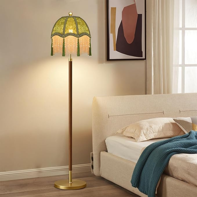 Wood Floor Lamps for Living Room Vintage Floor Lamp with Remote Control & 3 Color Temperature,Dimmable Floor Lamp Mid Century Modern Standing Lamp Green Fringe Tall Floor Lamp for Bedroom Corner