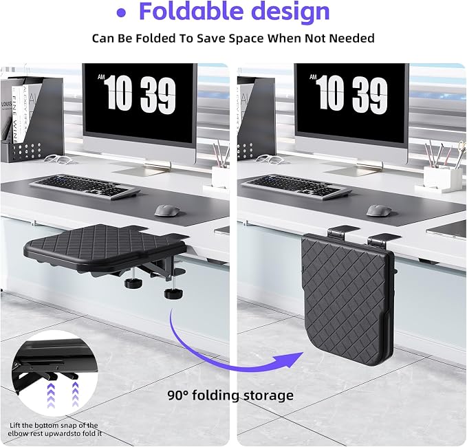 CABTE Ergonomics Desk Extender Tray, Table Mount Arm Wrist Rest Shelf, 90° Foldable Elbow Arm Support,Foldable, Computer Desk Extender Tray for Home and Office (Large Foldable)