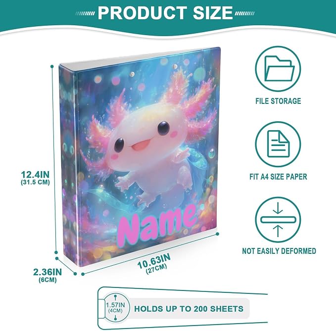 Custom 3 Ring Binder Shiny Axolotl 1.5" Round Ring Binders Personalized Name View Binder with 200 Sheet for Kids School Supplies Women Men Office, 1 Pack