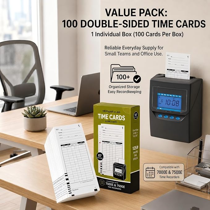 100 Time Cards Compatible with Lathem 7000E and 7500E Time Clocks