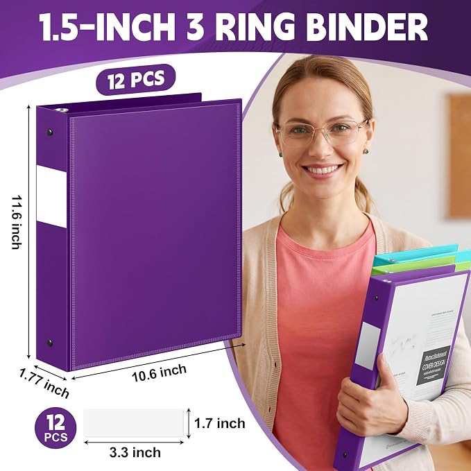 Henoyso 1.5 Inch 3 Ring Binders with Clear Front Cover and 2 Pockets, Round Ring Binders Fits 8.5'' x 11'' Letter Size Paper for School Office Supplies, 12 Pack (Assorted Stylish Color)