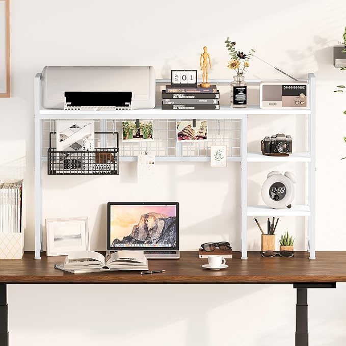 Snughome Desk Shelf, 44.9" Desktop Organizer Shelf, Desk Hutch for Computer Monitor, 4 Tier Desk Display Rack with Pegboard Hooks Set, Wood Desktop Bookshelf for Home Office Dorm