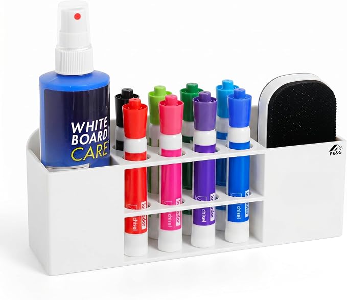 Strong magnetic dry-erase whiteboard holder, 8-slot acrylic pen organizer with glass and wall mounting hardware for refrigerator, office, and classroom. Markers, Eraser, Cleaner Not Included (White)