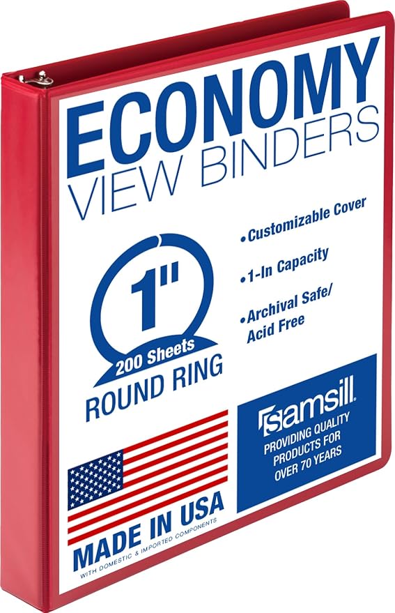 Samsill 1 Inch 3 Ring Binder, Economy Round Ring, Clear View Cover, 200 Sheet Capacity - for School, Home, Office - Red