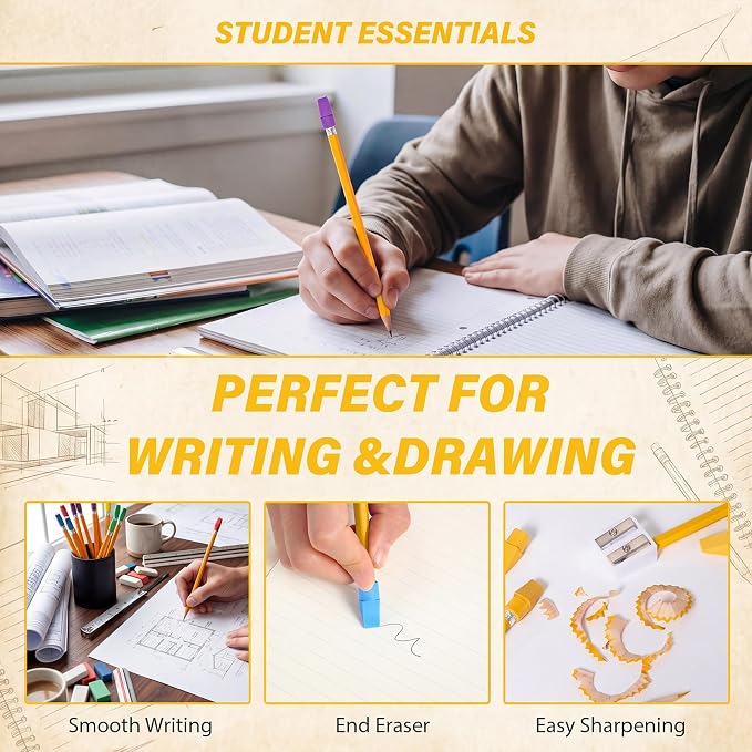 Gersoniel 24 Pack Yellow No. 2 Pencils, HB Wooden Bulk with 48 Eraser Caps