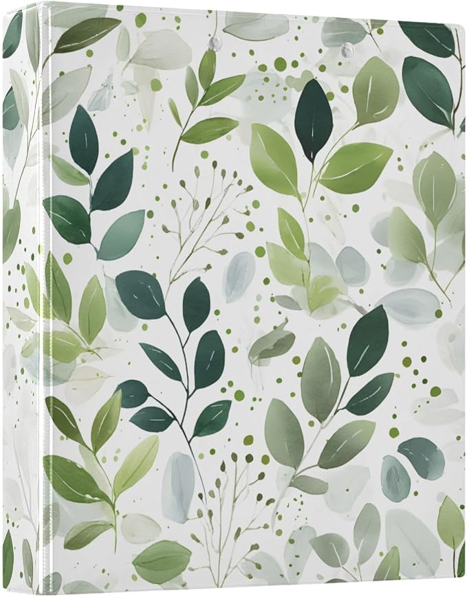 Eucalyptus Green Leavves Tropical Plant 3 Ring Binder with 2 Interior Pockets 1.5 inch Binders 3 Ring Heavy Duty Fit 8.5" x 11" Letter Size for Office School, 2 Pack