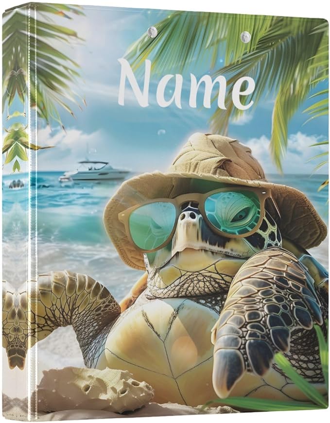 Custom 3 Ring Binder Turtle Summer Beach 1.5" Round Ring Binders Personalized Name View Binder with 200 Sheet for Women Men Office Kids School Supplies, 1 Pack