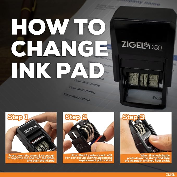 ZIGEL D50 Date Stamp with Scanned - Self Inking Date Stamp - Black