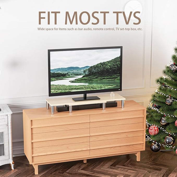 Dual Monitor Riser - Adjustable Length & Angle, Wooden Stand for 2 Monitors with Storage