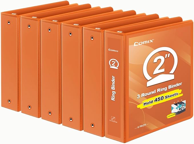 COMIX Sturdy 2 Inch 3 Ring Binder with Clear View Cover | 2"Heavy Duty Round Ring,PVC-Free Board,Holds 450 Letter Sheets,Wholesale for Offices & Classrooms,6 Pack (Orange)