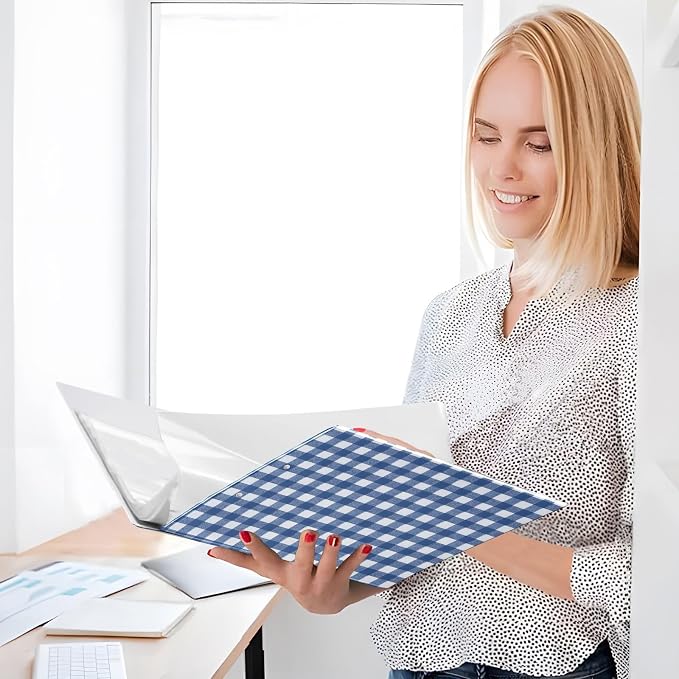 3 Ring Binder with Blue & White Gingham Design - 1.5 Inch Heavy Duty Three-Ring Binder with 2 Pockets, Round Rings for Office Supplies (Letter Size)#207