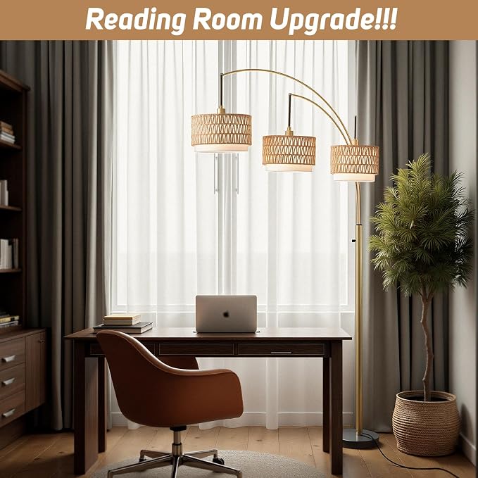 80'' Gold Rattan Arc Floor Lamp for Living Room, 3-Light Boho Tree Lamp | Heavy Natural Marble Base, 1/2/3-Light Rotary Switch,Double-layer Wicker/Fabric Shades for Reading Corners,8 ft+ Ceilings